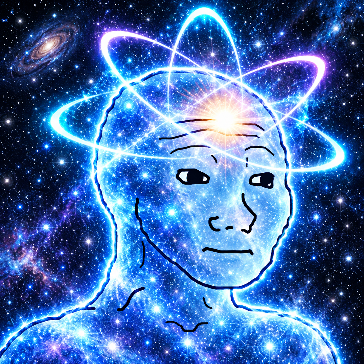 A cosmic Wojak with a glowing third eye, surrounded by stars and orbital rings
